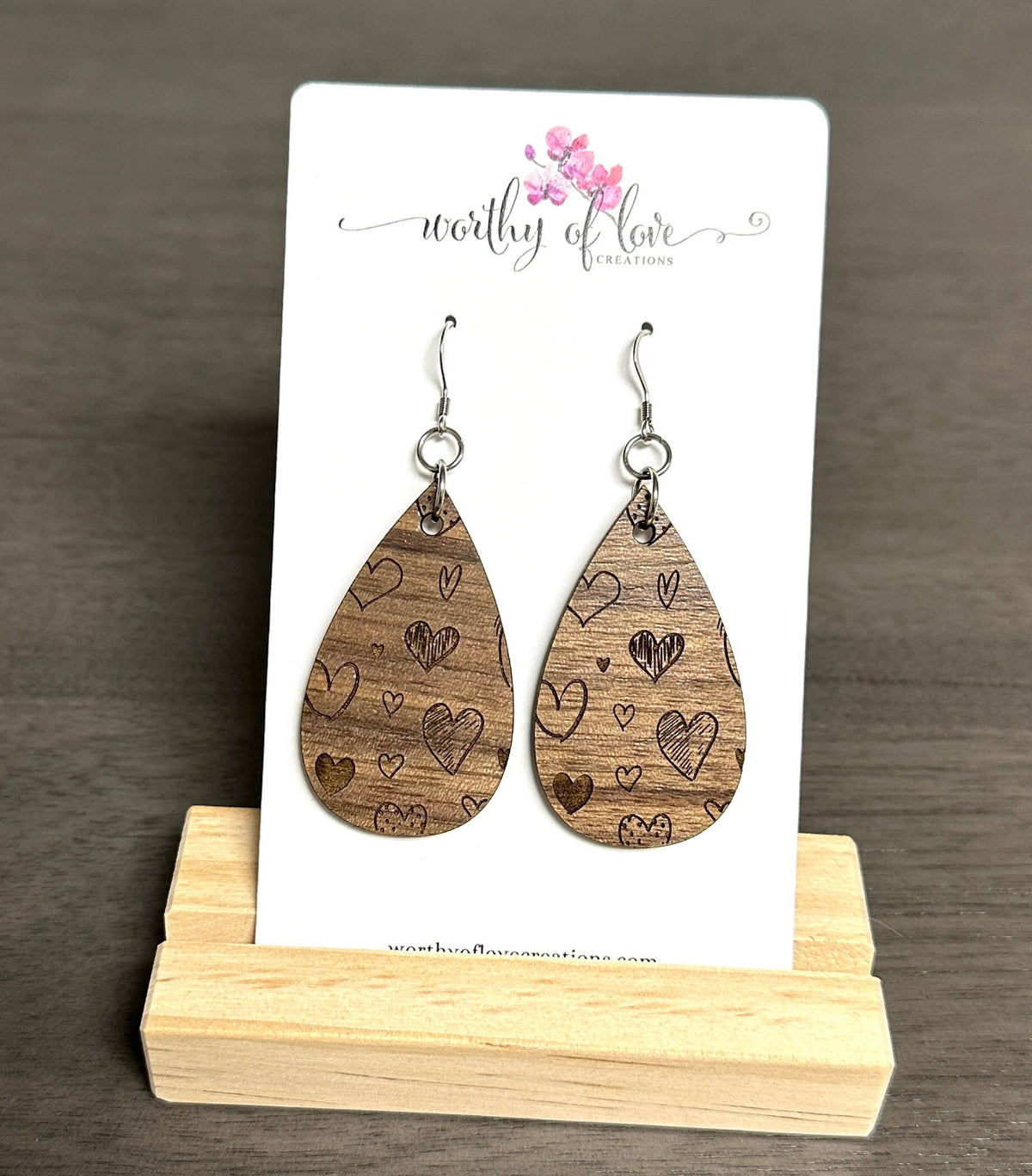 Natural Walnut Wood Heart carved Earrings, stainless steel earrings