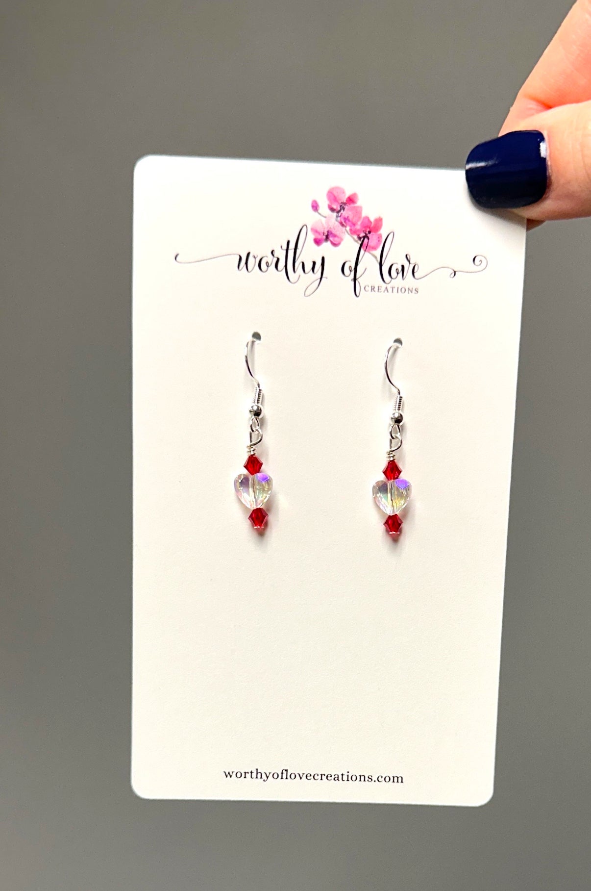 Crystal Heart Earrings: Red Bicone Beads, Sterling Silver Plated