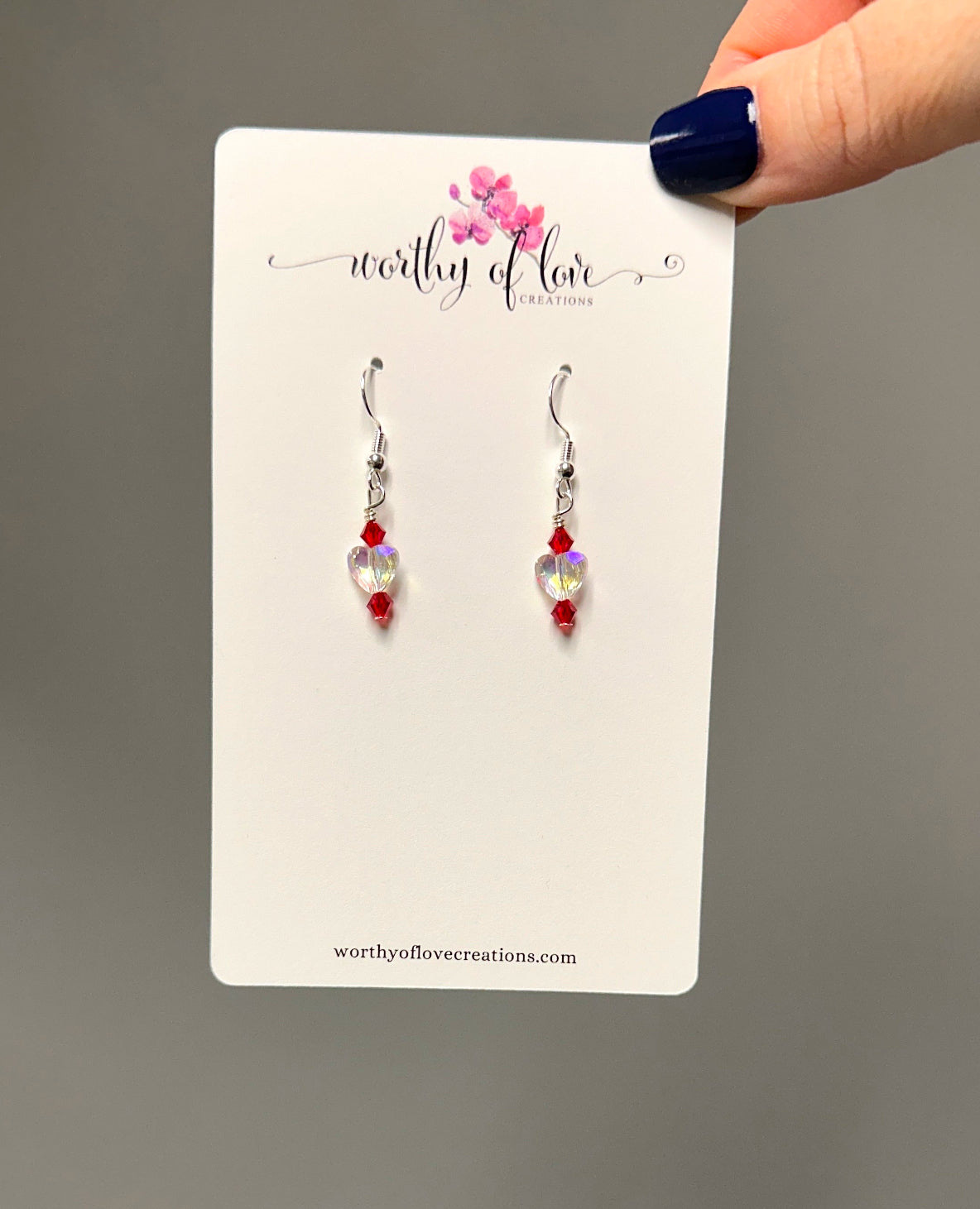 Crystal Heart Earrings: Red Bicone Beads, Sterling Silver Plated