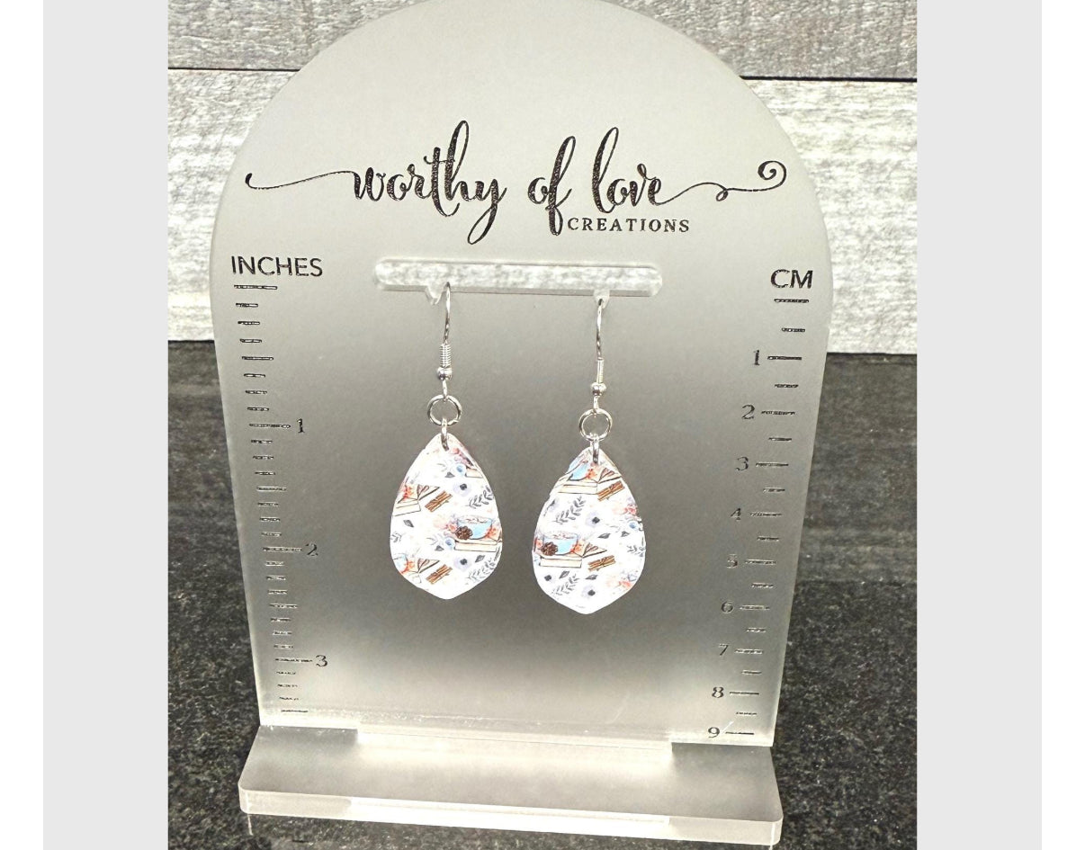 Books and Coffee Teardrop Earrings, Acrylic Bookworm Jewelry