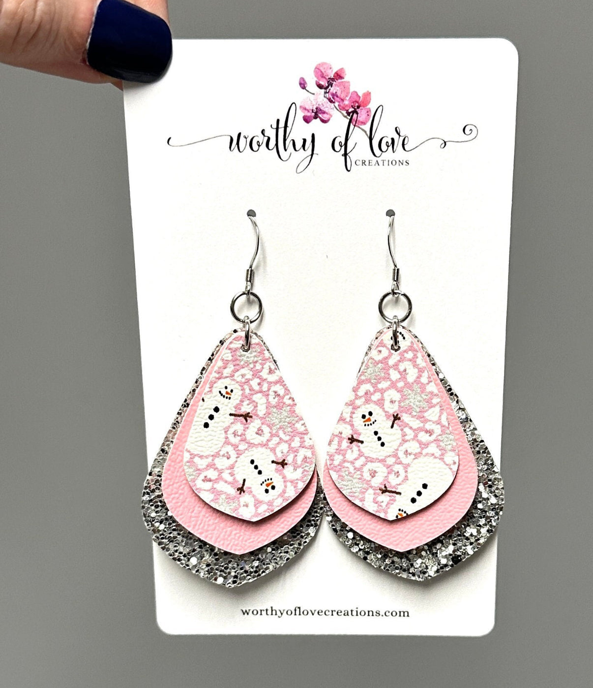 Snowman pink and silver faux leather earrings stainless steel