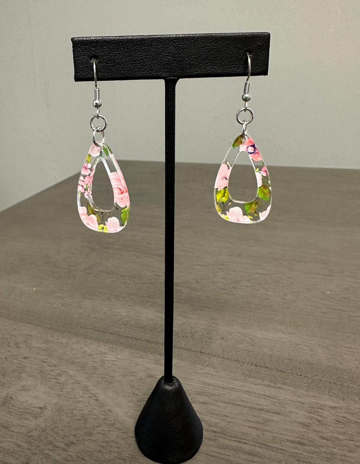 Pink rose print stainless steel and acrylic earrings