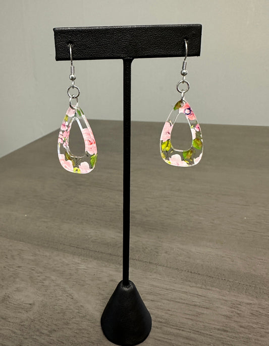Pink rose print stainless steel and acrylic earrings