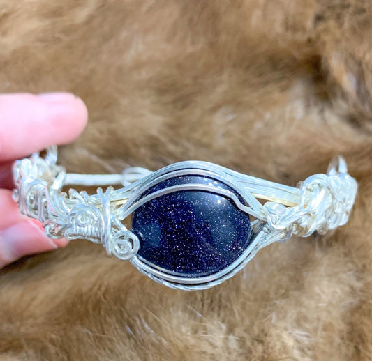 Blue Goldstone Sterling Silver Wire Wrapped Bracelet