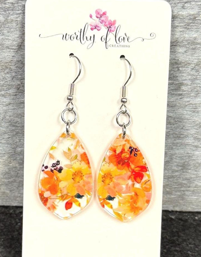 Autumn floral print earrings, stainless steel and acrylic flower earrings