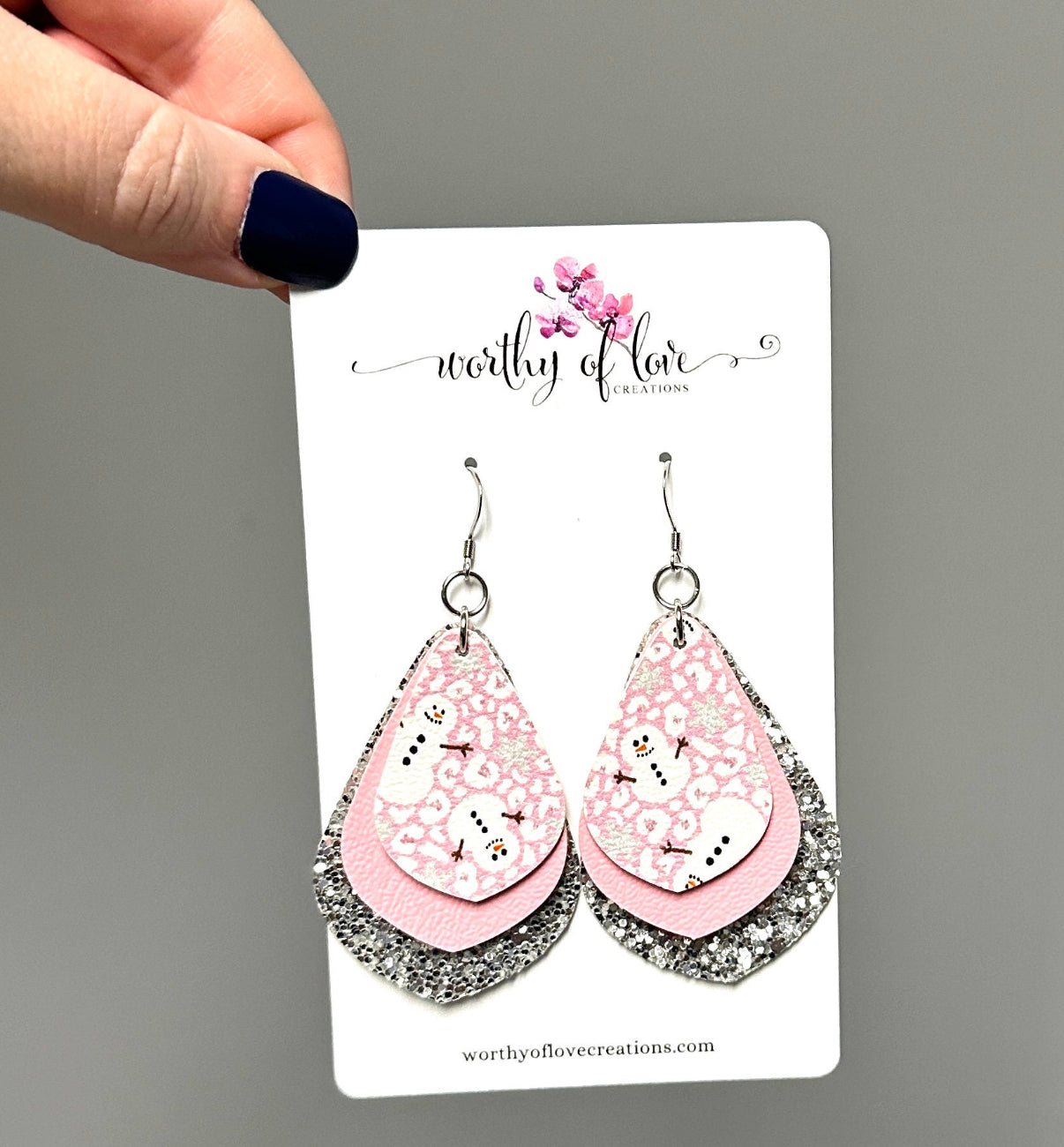 Snowman pink and silver faux leather earrings stainless steel