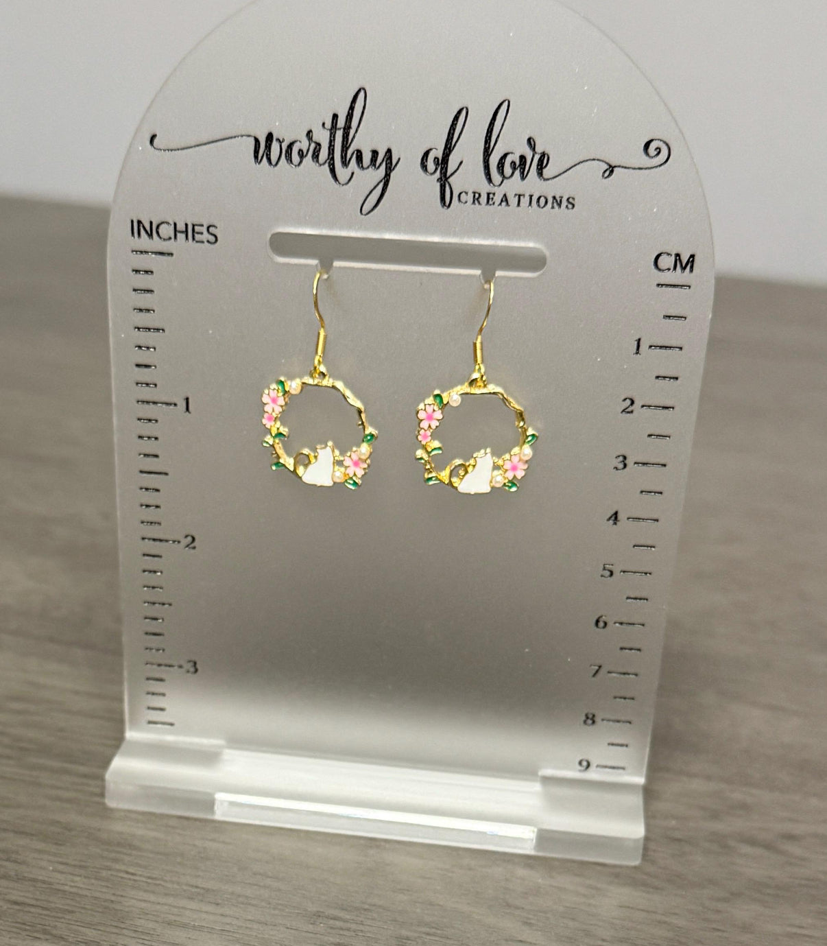 White Cat Earrings: Gold Plated Pink Flower Kitty Earrings