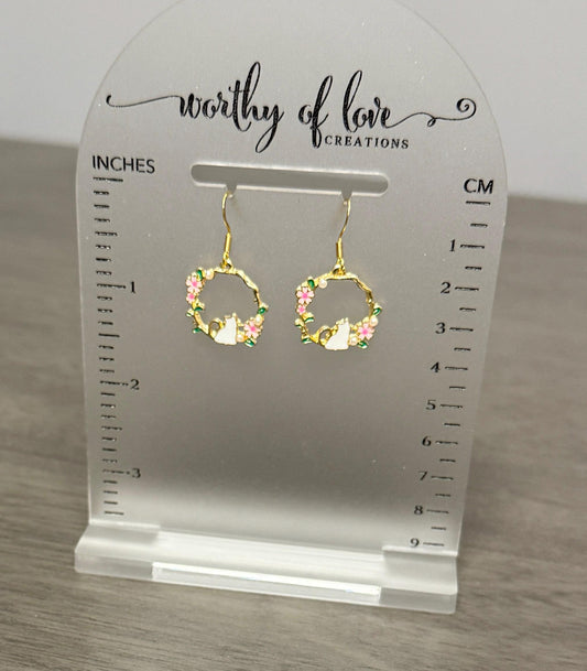 White Cat Earrings: Gold Plated Pink Flower Kitty Earrings