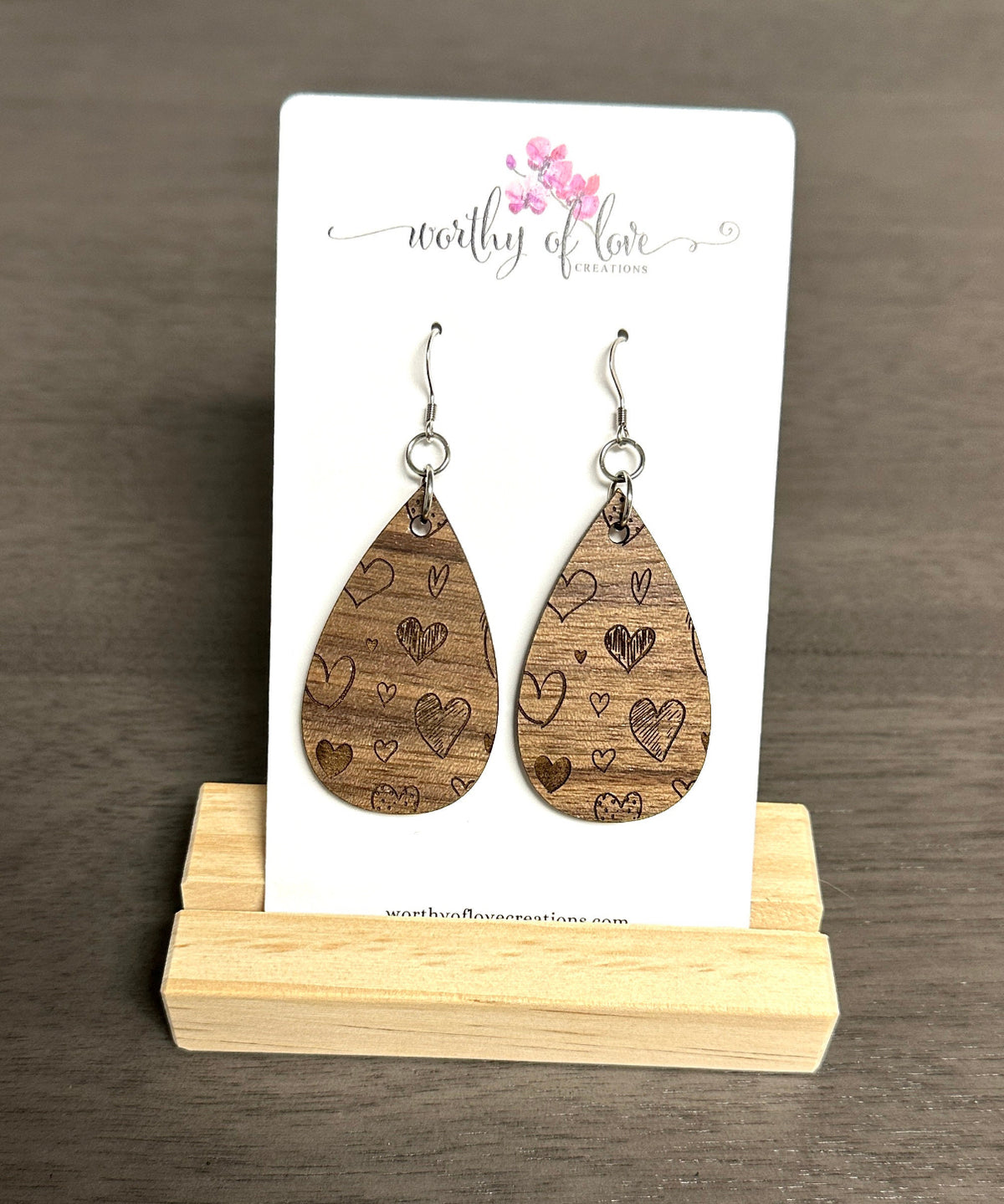 Natural Walnut Wood Heart carved Earrings, stainless steel earrings