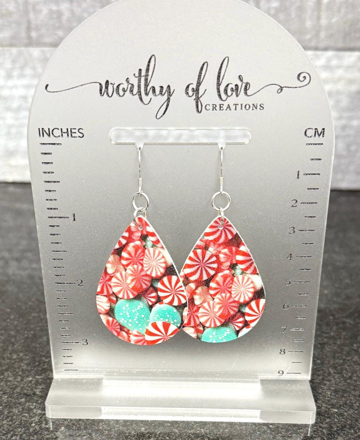 Christmas peppermint earrings stainless steel and faux leather