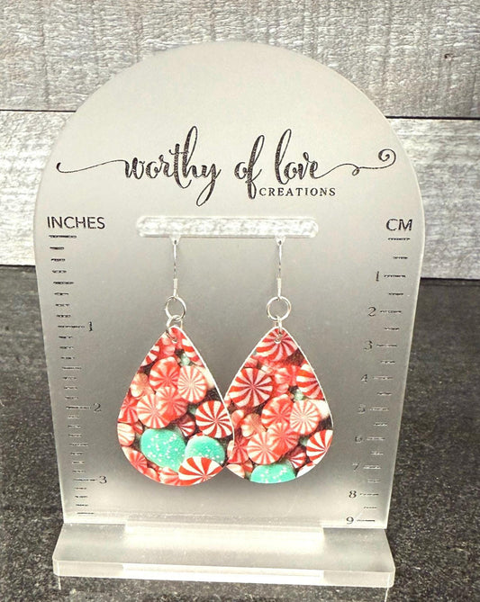 Christmas peppermint earrings stainless steel and faux leather