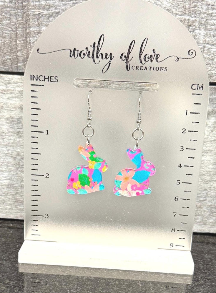Floral Acrylic Bunny Earrings: Stainless Steel Easter Jewelry