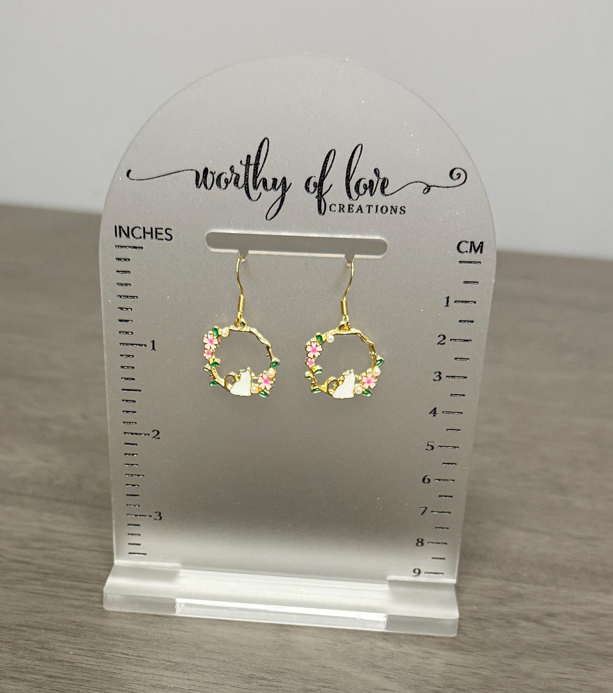 White Cat Earrings: Gold Plated Pink Flower Kitty Earrings