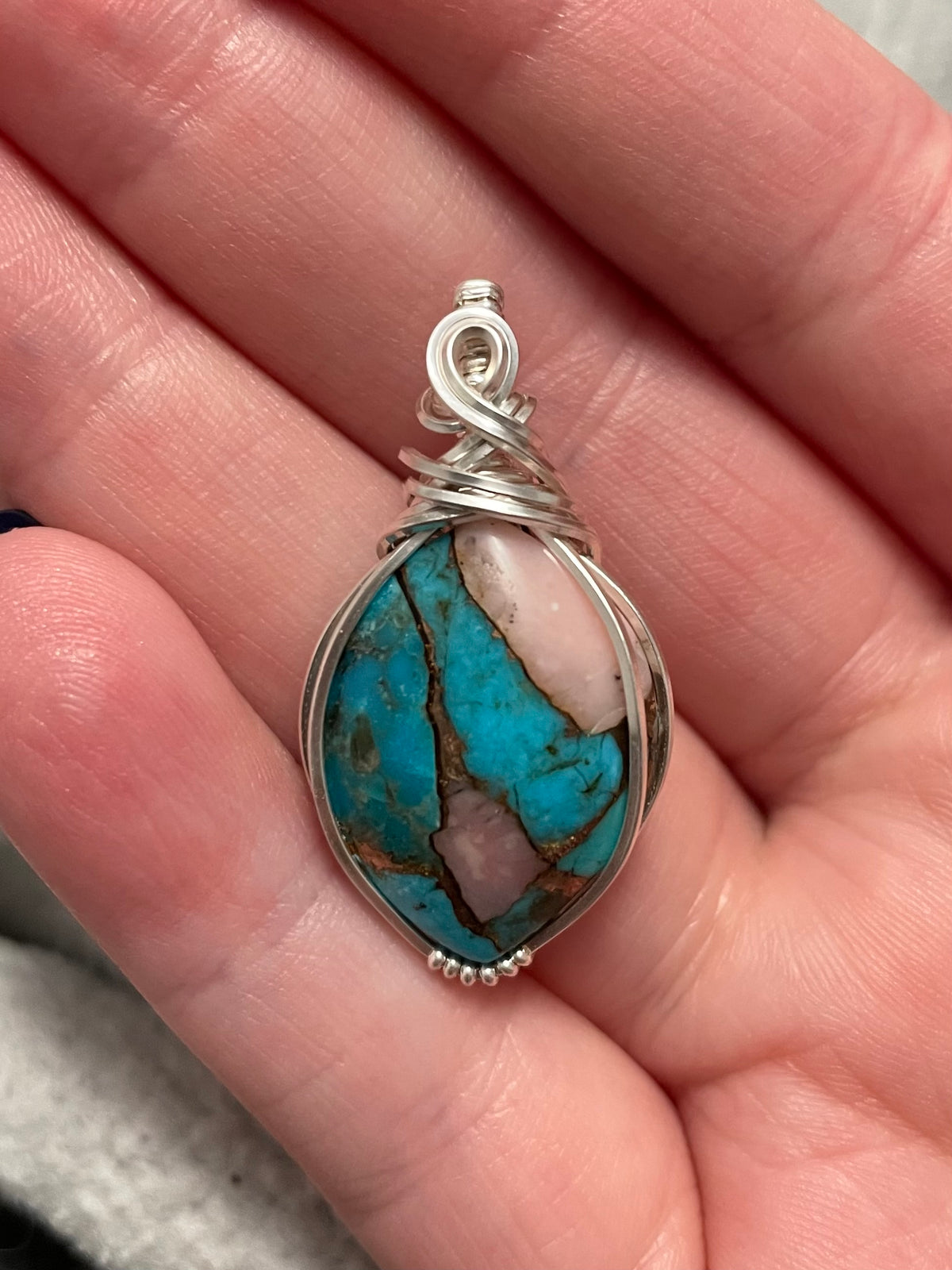Kingman turquoise and pink Peruvian opal sterling silver wire wrapped pendant necklace
