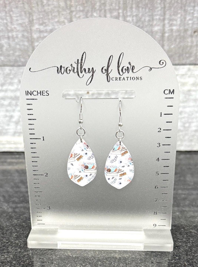 Books and Coffee Teardrop Earrings, Acrylic Bookworm Jewelry