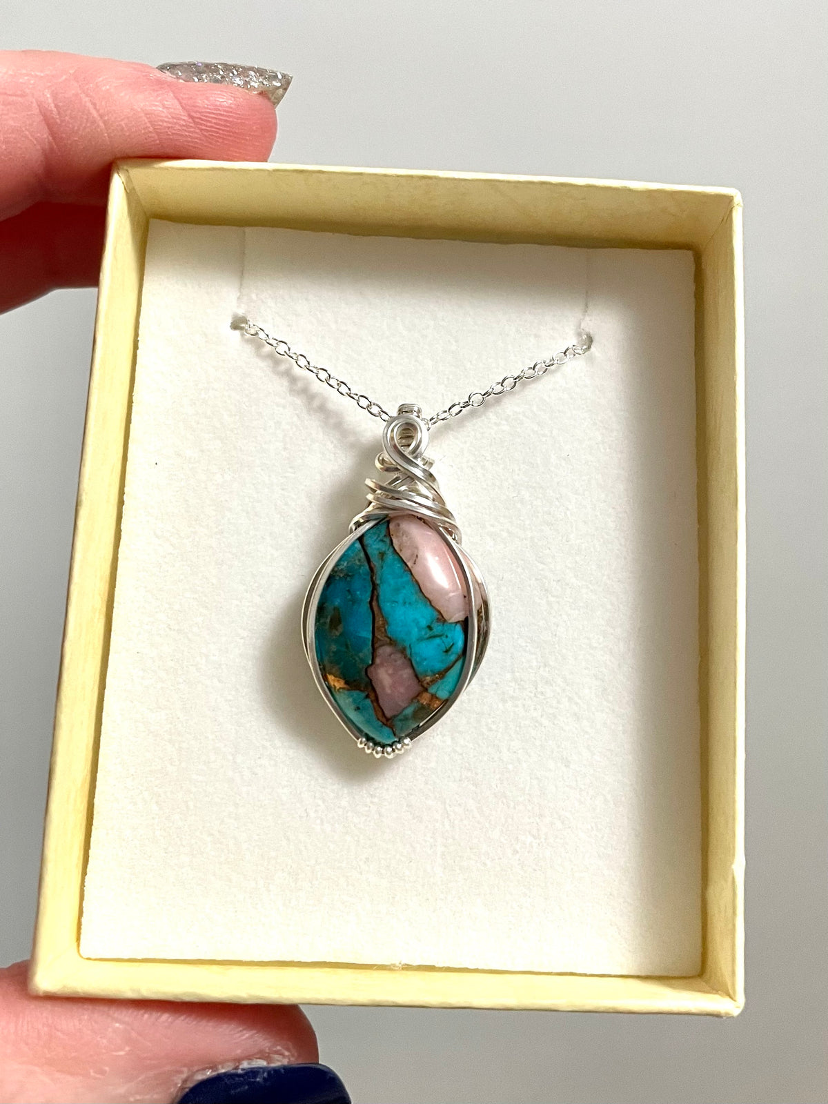 Kingman turquoise and pink Peruvian opal sterling silver wire wrapped pendant necklace