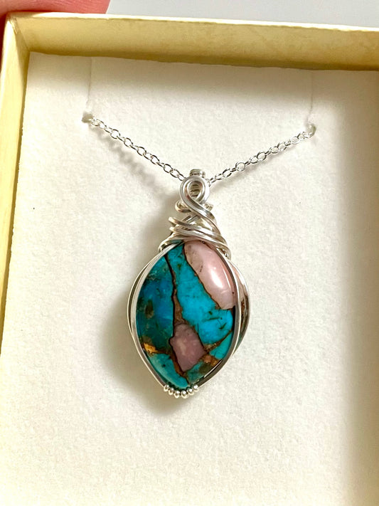 Kingman turquoise and pink Peruvian opal sterling silver wire wrapped pendant necklace