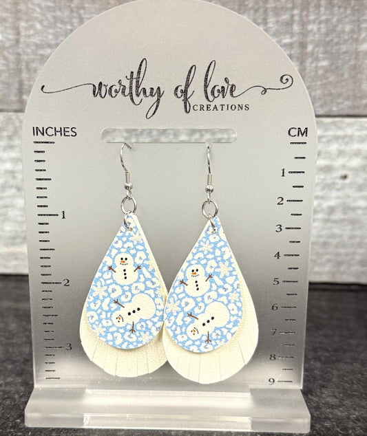 Snowman blue and white faux leather earrings stainless steel