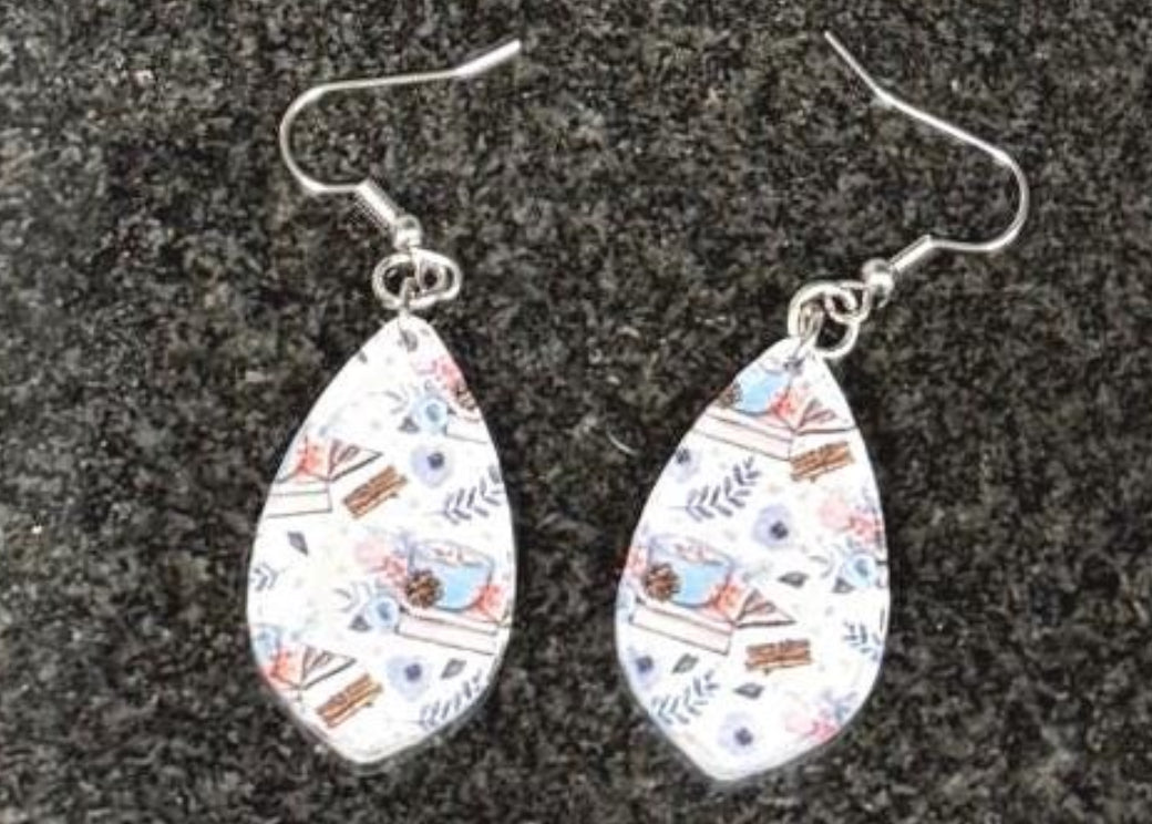 Books and Coffee Teardrop Earrings, Acrylic Bookworm Jewelry