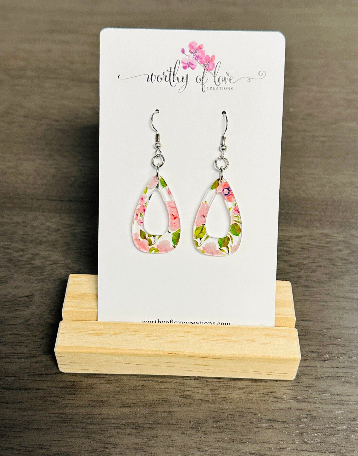 Pink rose print stainless steel and acrylic earrings