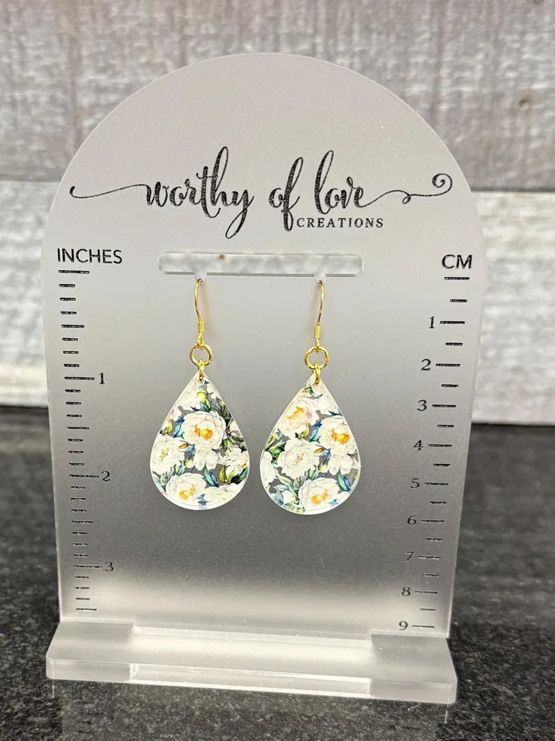 White floral print gold plated stainless steel earrings