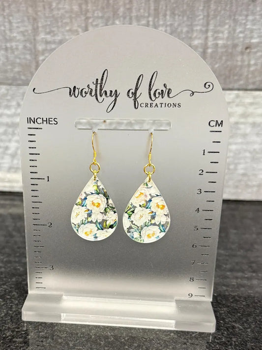White floral print gold plated stainless steel earrings