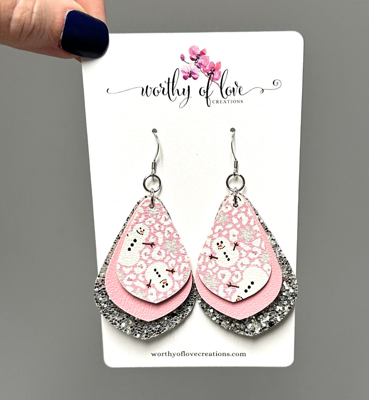 Snowman pink and silver faux leather earrings stainless steel