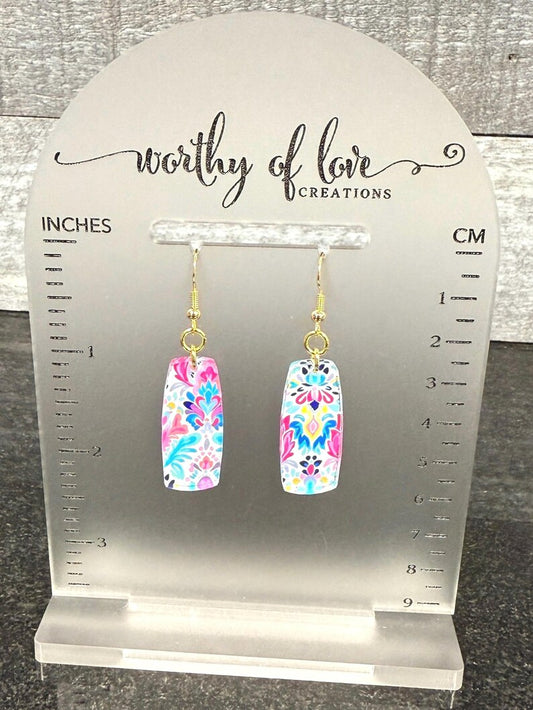 Gold Plated Ikat Floral Print Earrings