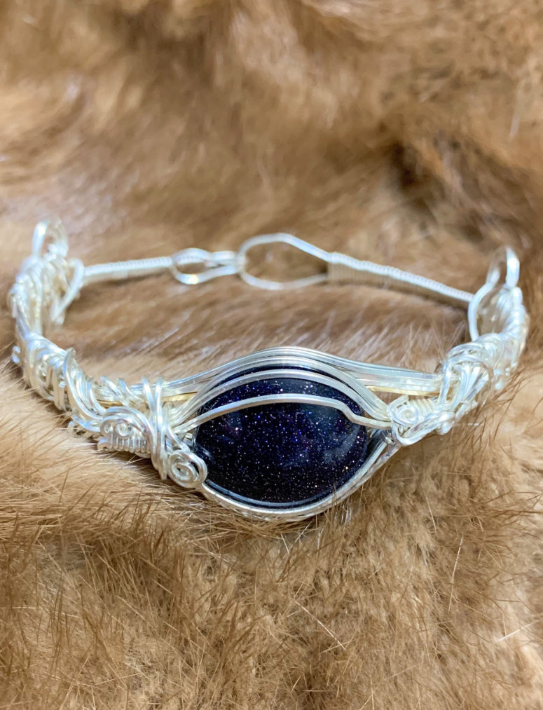 Blue Goldstone Sterling Silver Wire Wrapped Bracelet