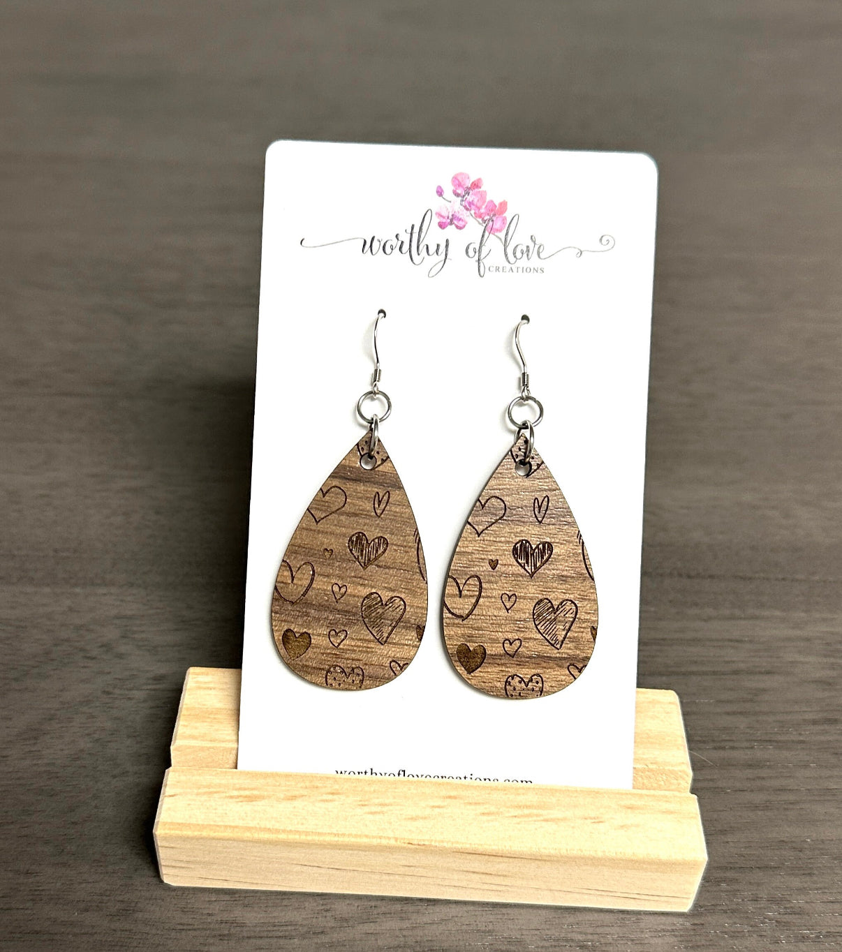 Natural Walnut Wood Heart carved Earrings, stainless steel earrings