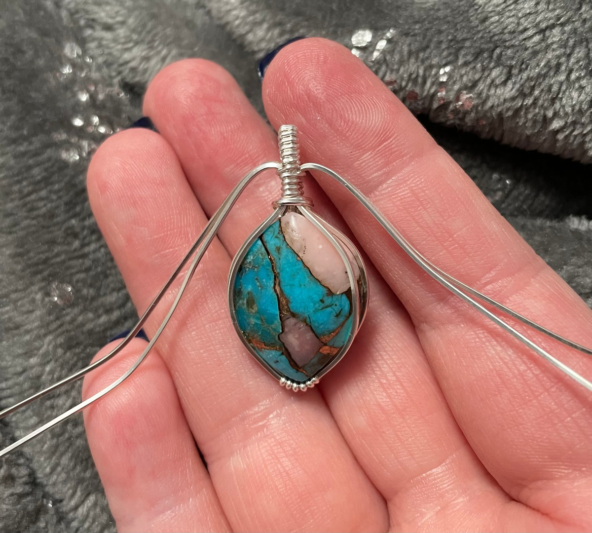 Kingman turquoise and pink Peruvian opal sterling silver wire wrapped pendant necklace