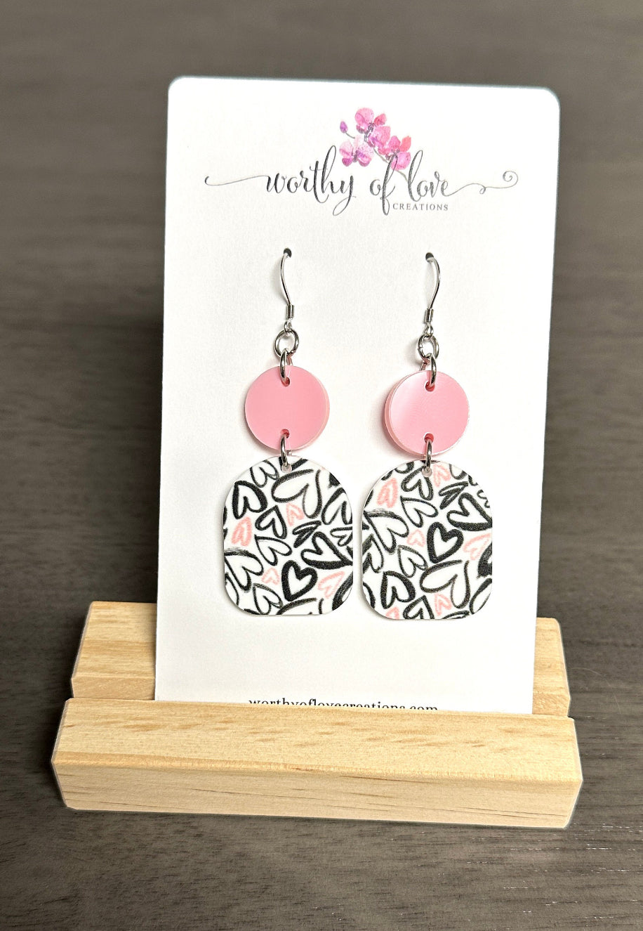 Pink and Black Heart Statement earrings, stainless steel earrings