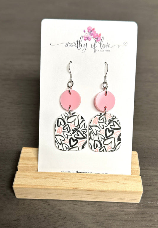 Pink and Black Heart Statement earrings, stainless steel earrings