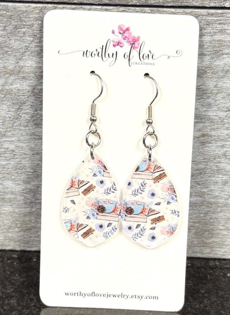 Books and Coffee Teardrop Earrings, Acrylic Bookworm Jewelry