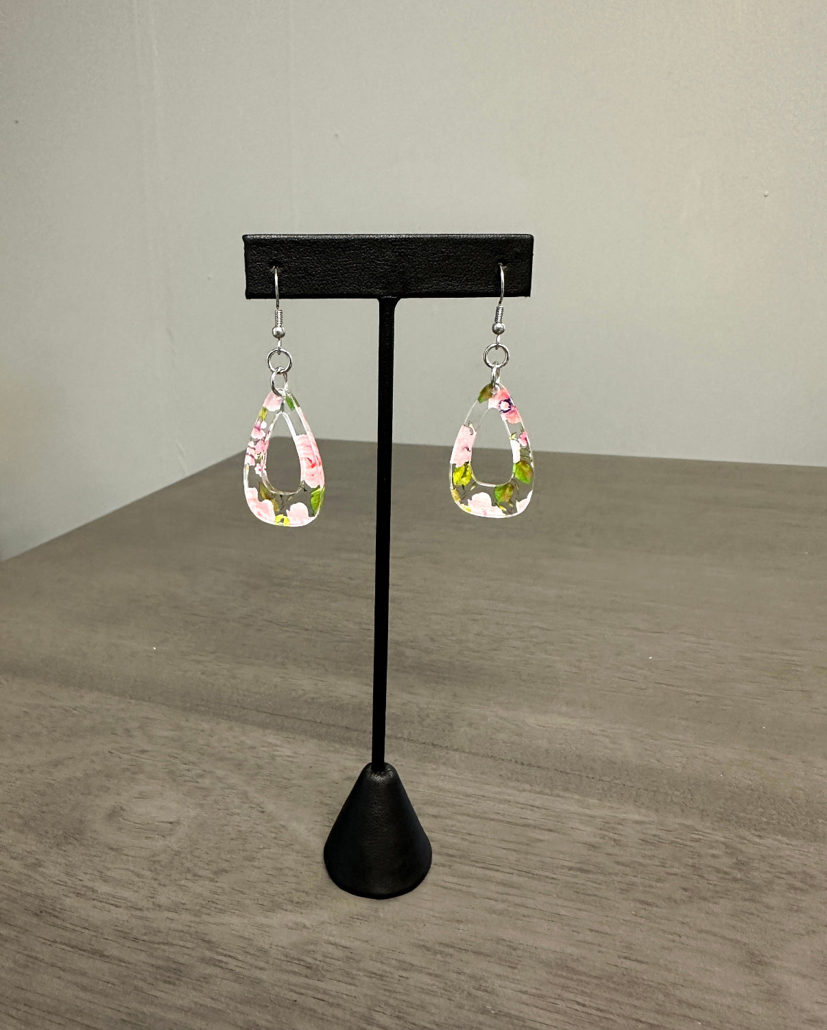 Pink rose print stainless steel and acrylic earrings