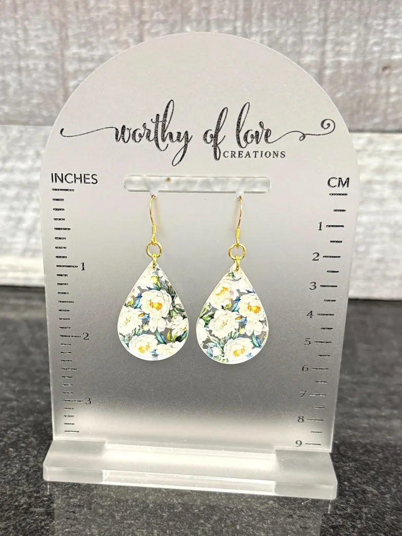 White floral print gold plated stainless steel earrings
