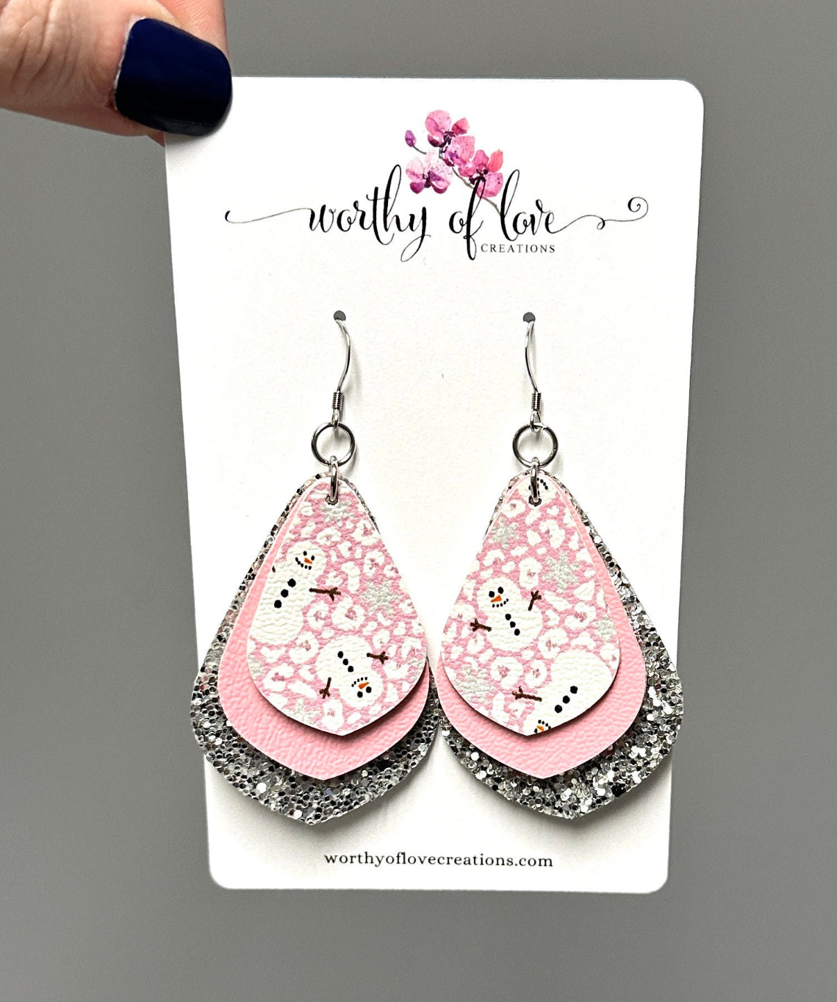 Snowman pink and silver faux leather earrings stainless steel