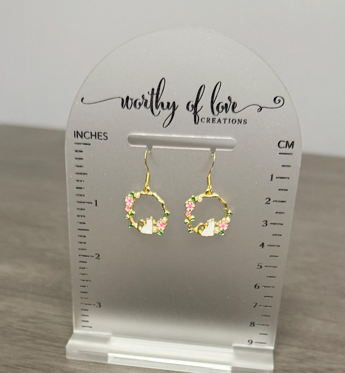 White Cat Earrings: Gold Plated Pink Flower Kitty Earrings