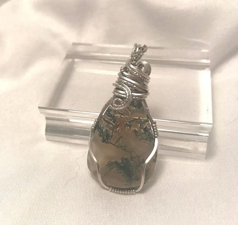 moss agate wire wrapped pendant argentium sterling silver