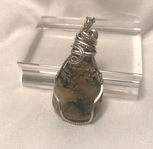 moss agate wire wrapped pendant argentium sterling silver