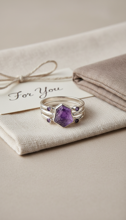 Natural Amethyst Stacking Rings Set