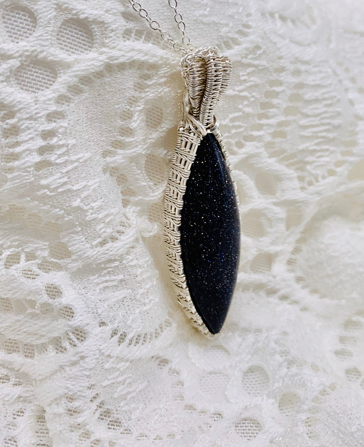 Blue Goldstone Sterling Silver Wire Wrapped marquise shaped pendant | SEE VIDEO
