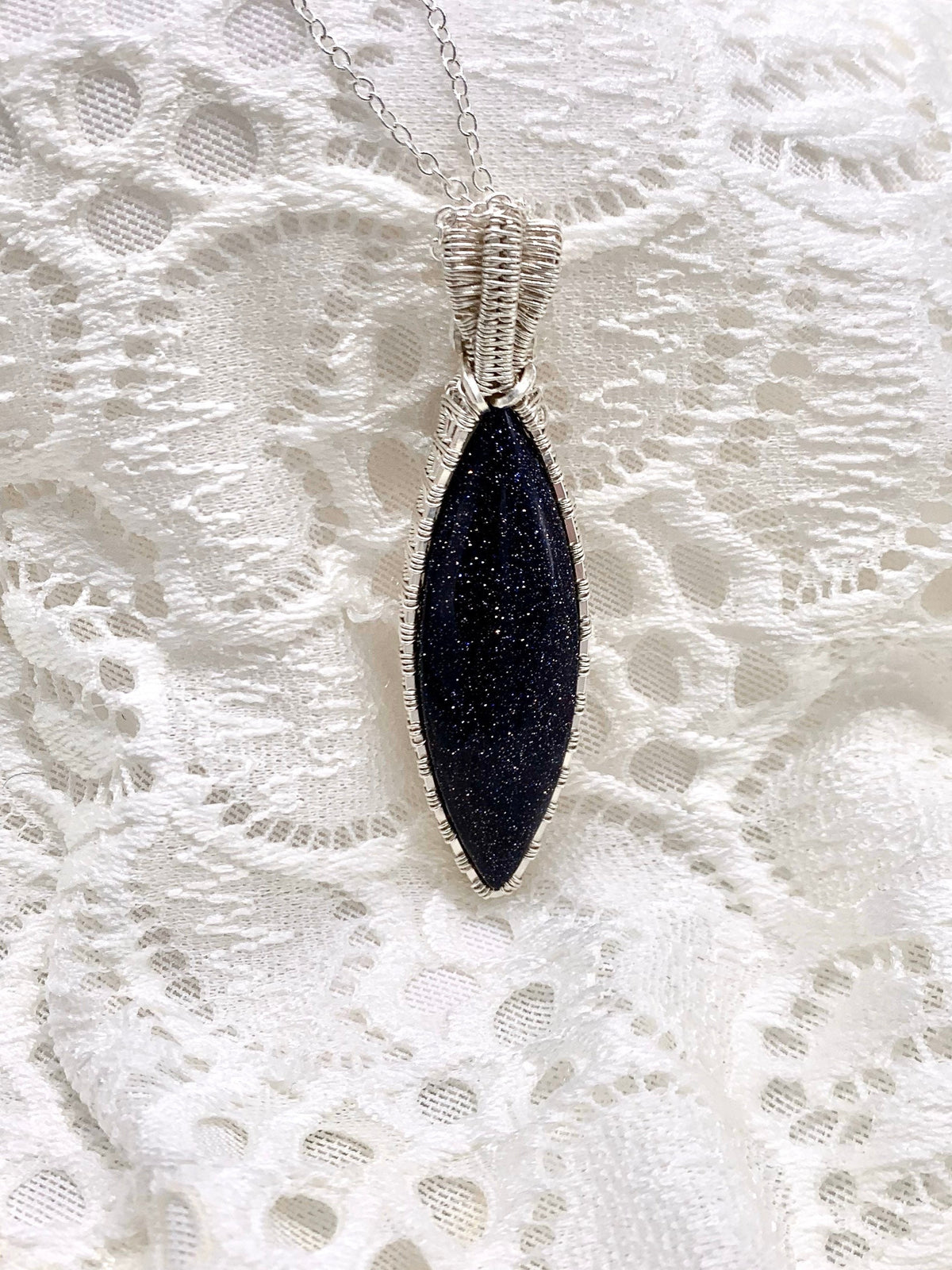 Blue Goldstone Sterling Silver Wire Wrapped marquise shaped pendant | SEE VIDEO