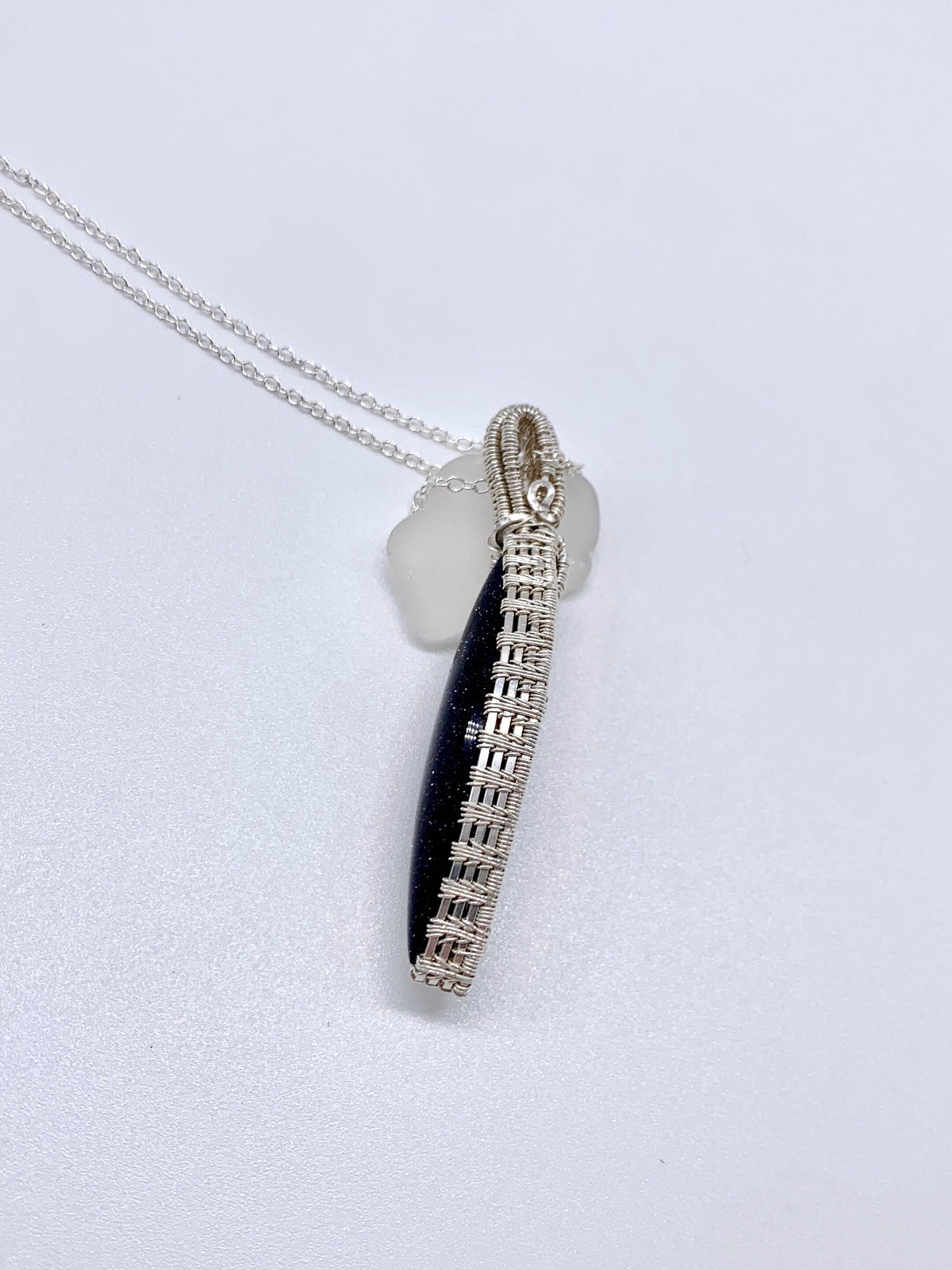 Blue Goldstone Sterling Silver Wire Wrapped marquise shaped pendant | SEE VIDEO