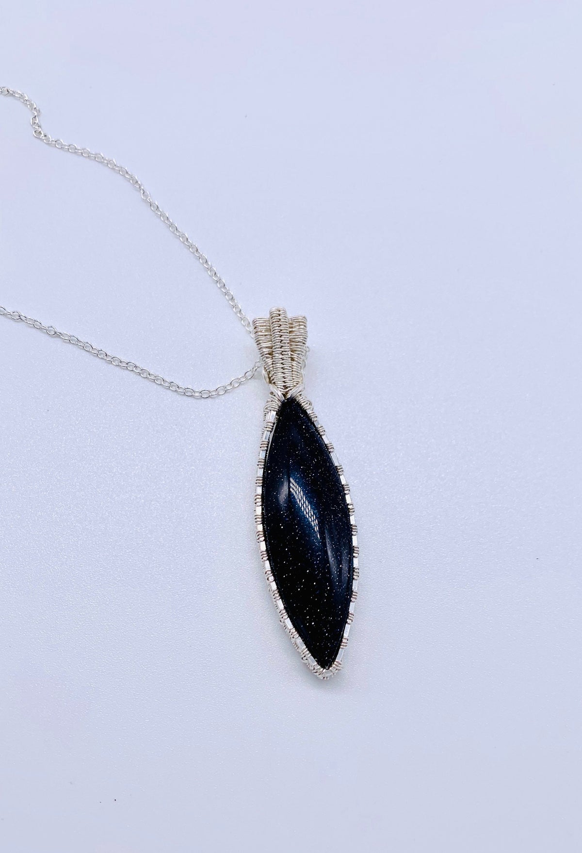 Blue Goldstone Sterling Silver Wire Wrapped marquise shaped pendant | SEE VIDEO