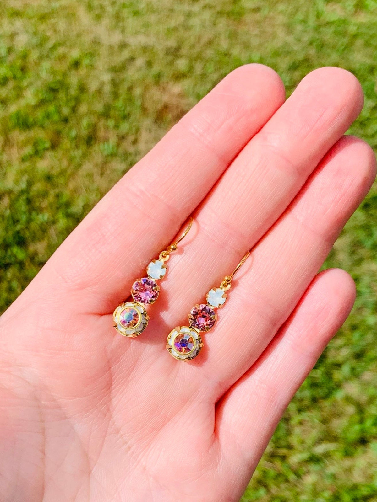 Crystal Dangle Earrings: Gold, White Opal, and Light Rose