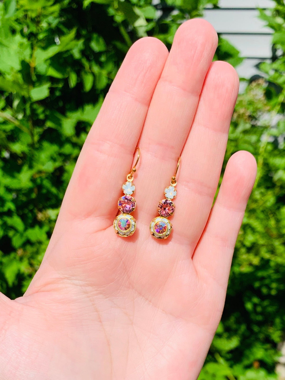 Crystal Dangle Earrings: Gold, White Opal, and Light Rose
