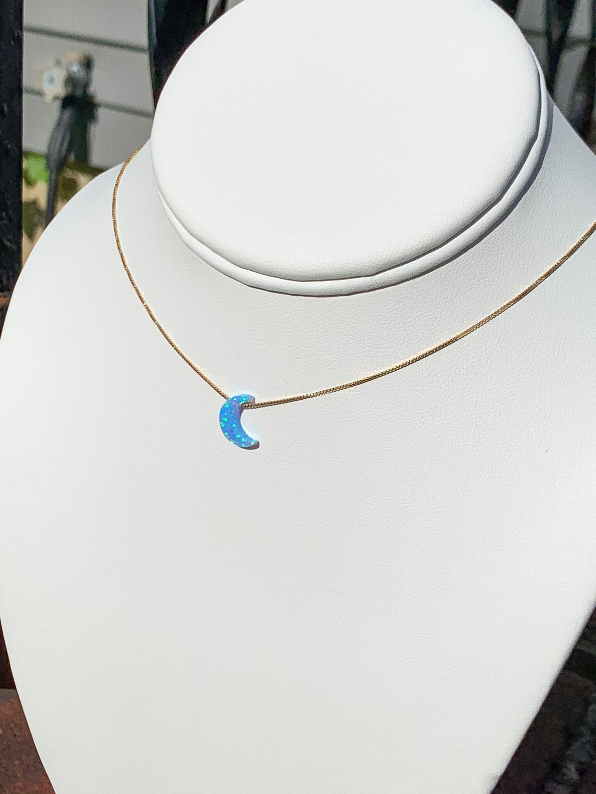 Moon necklace fire opal light blue with gold filled chain
