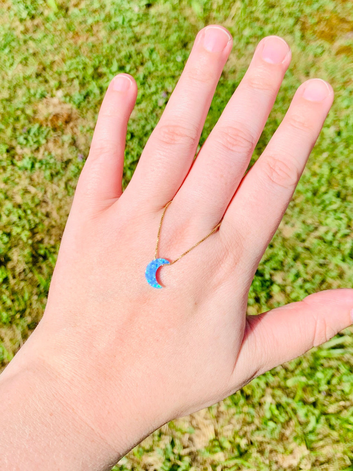 Moon necklace fire opal light blue with gold filled chain