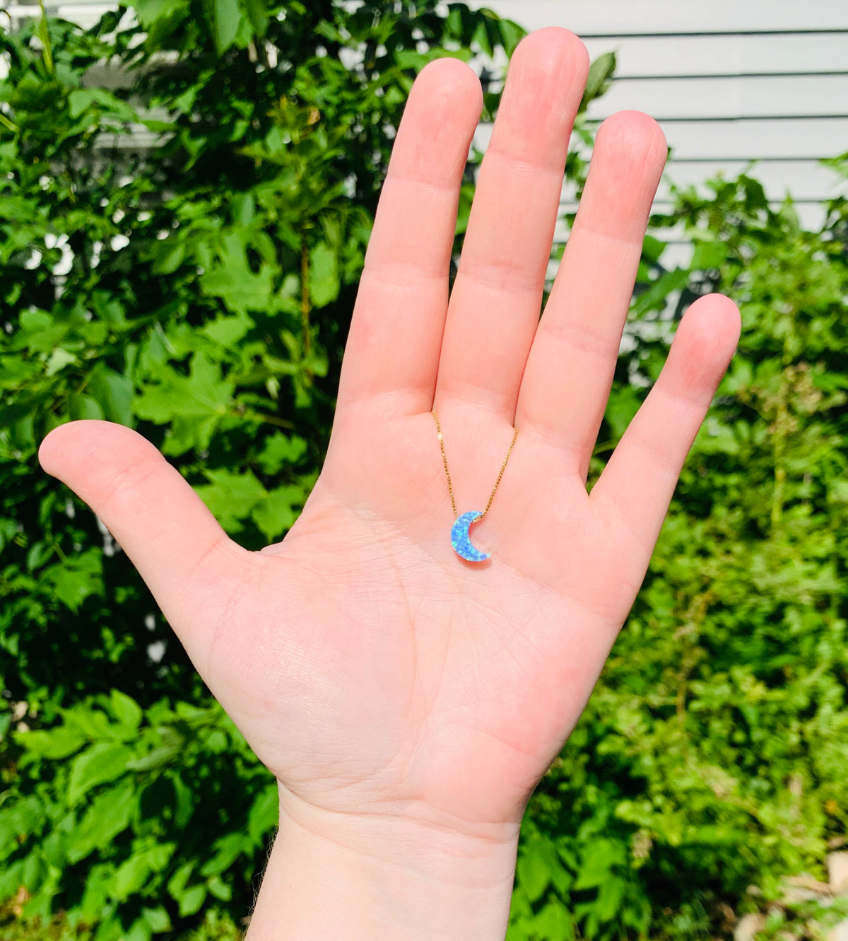 Moon necklace fire opal light blue with gold filled chain